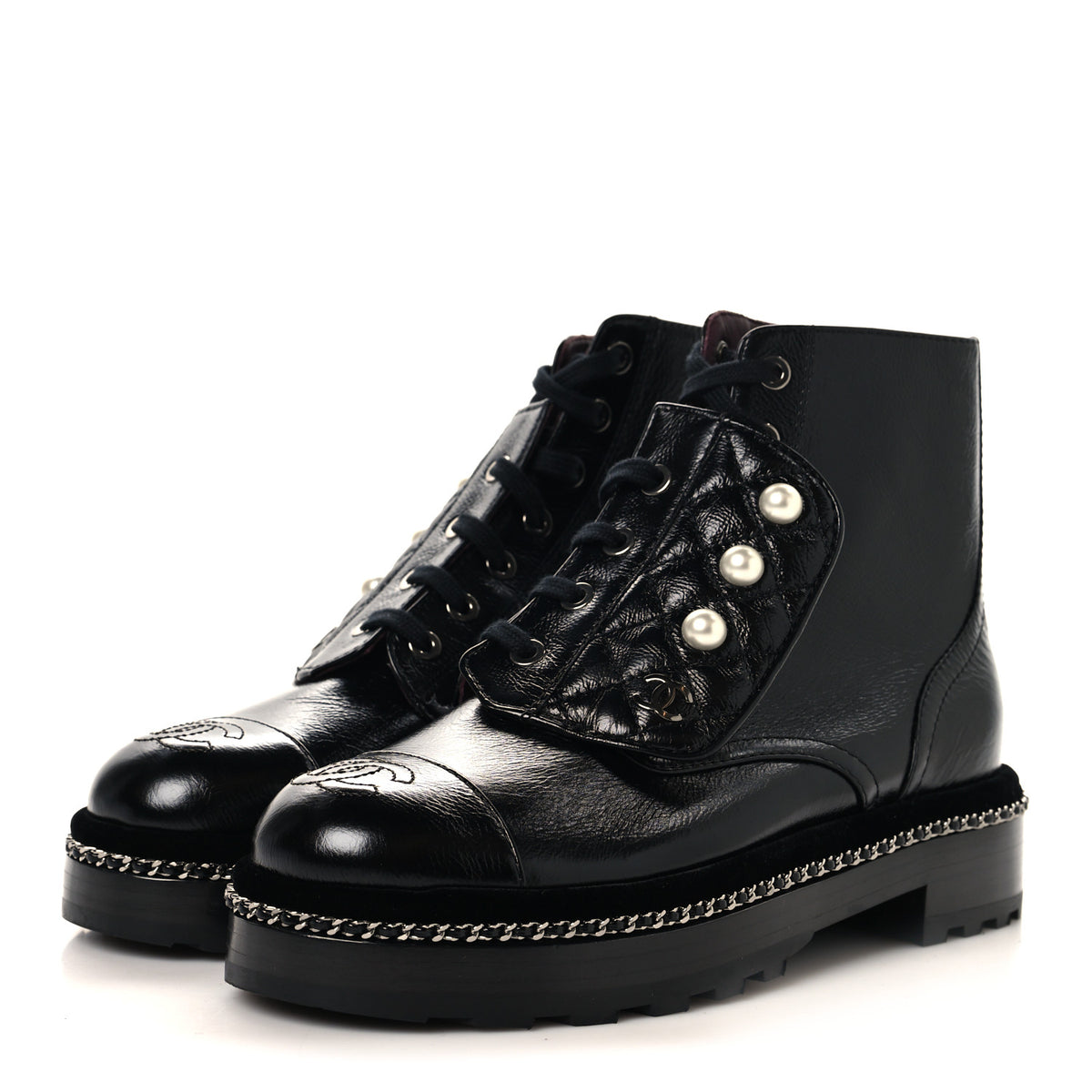 Chanel Crackled Calfskin Velvet Pearl Combat Short Boots 36 Black 4 of 9