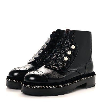 Chanel Crackled Calfskin Velvet Pearl Combat Short Boots 36 Black 4 of 9