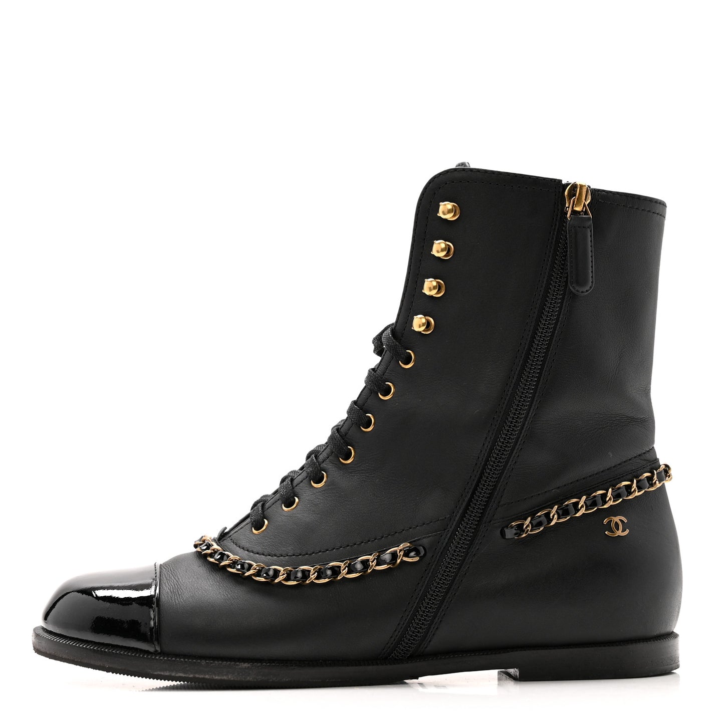 Calfskin Chain Lace Up Boots 38.5 Black