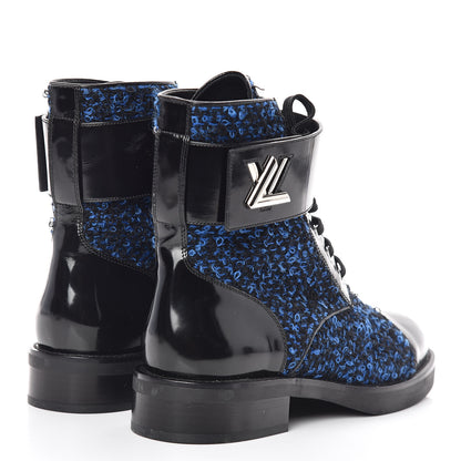 Louis Vuitton Tweed Calfskin Wonderland Ranger Boots 38.5 Blue Black 4 of 8