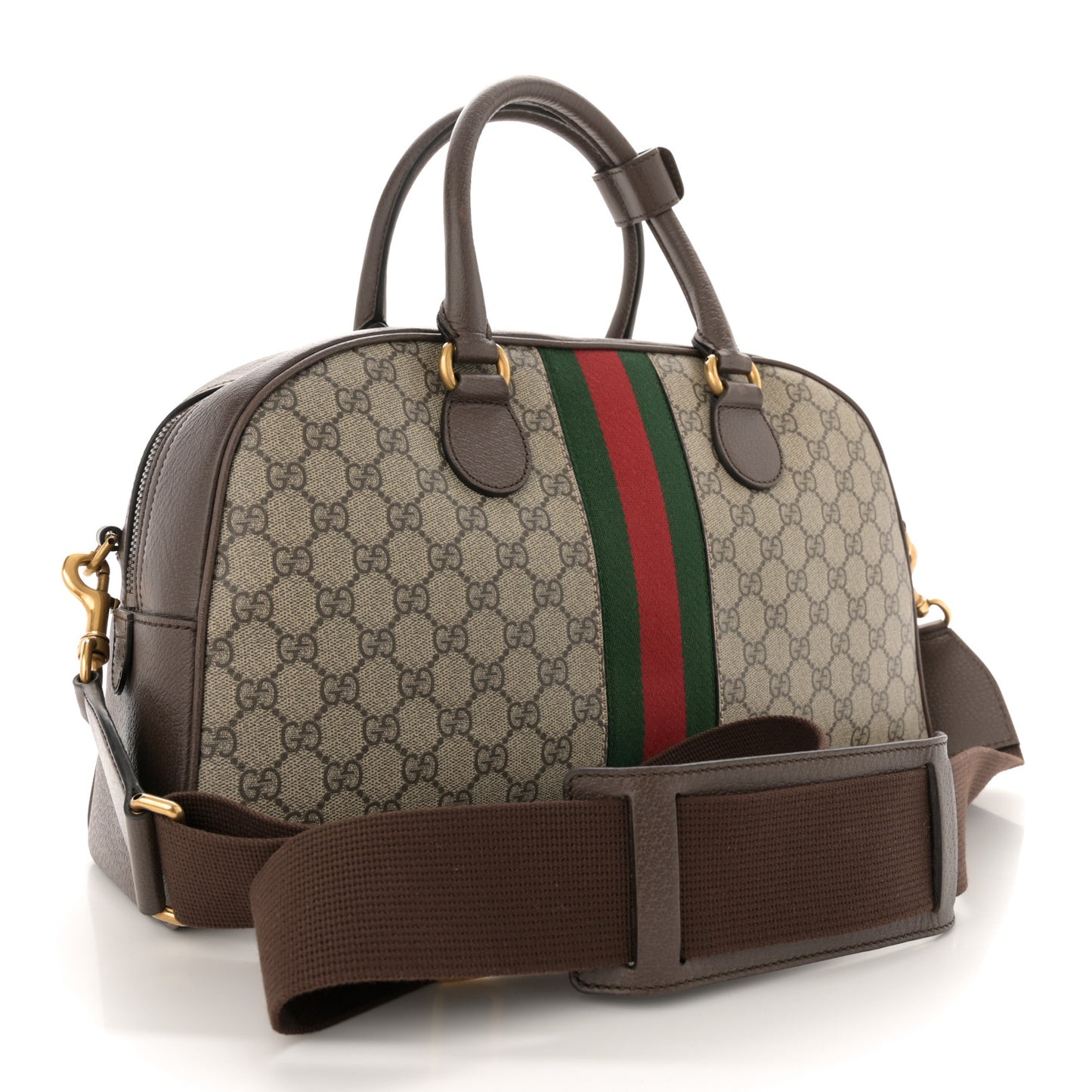 GG Supreme Monogram Textured Dollar Calfskin Web Medium Savoy Bowling Bag Beige Ebony New Acero