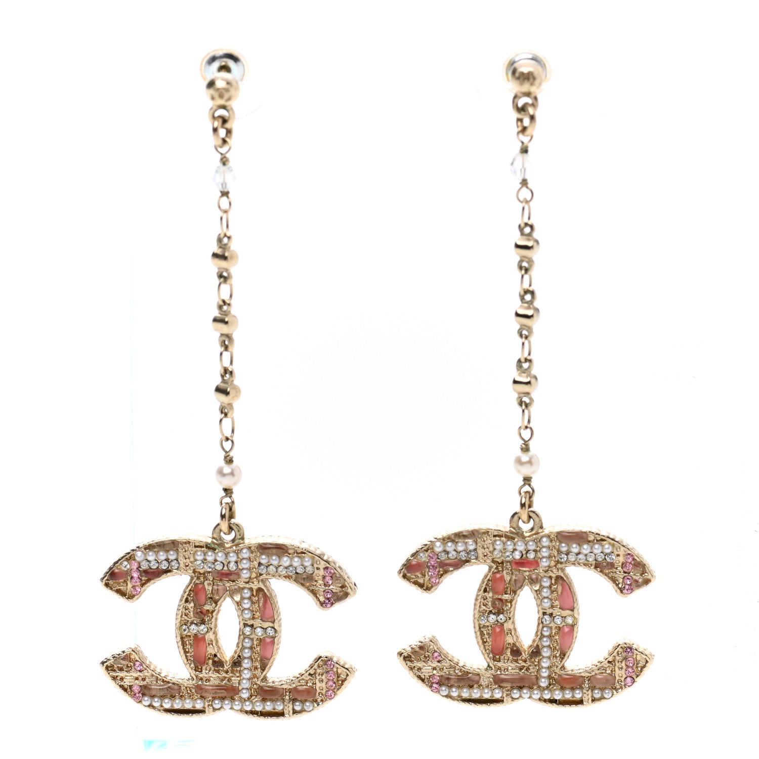 Chanel Pearl Crystal CC Tweed Drop Earrings Gold Pink Pearly White 1 of 3