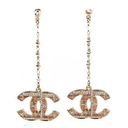 Chanel Pearl Crystal CC Tweed Drop Earrings Gold Pink Pearly White 1 of 3