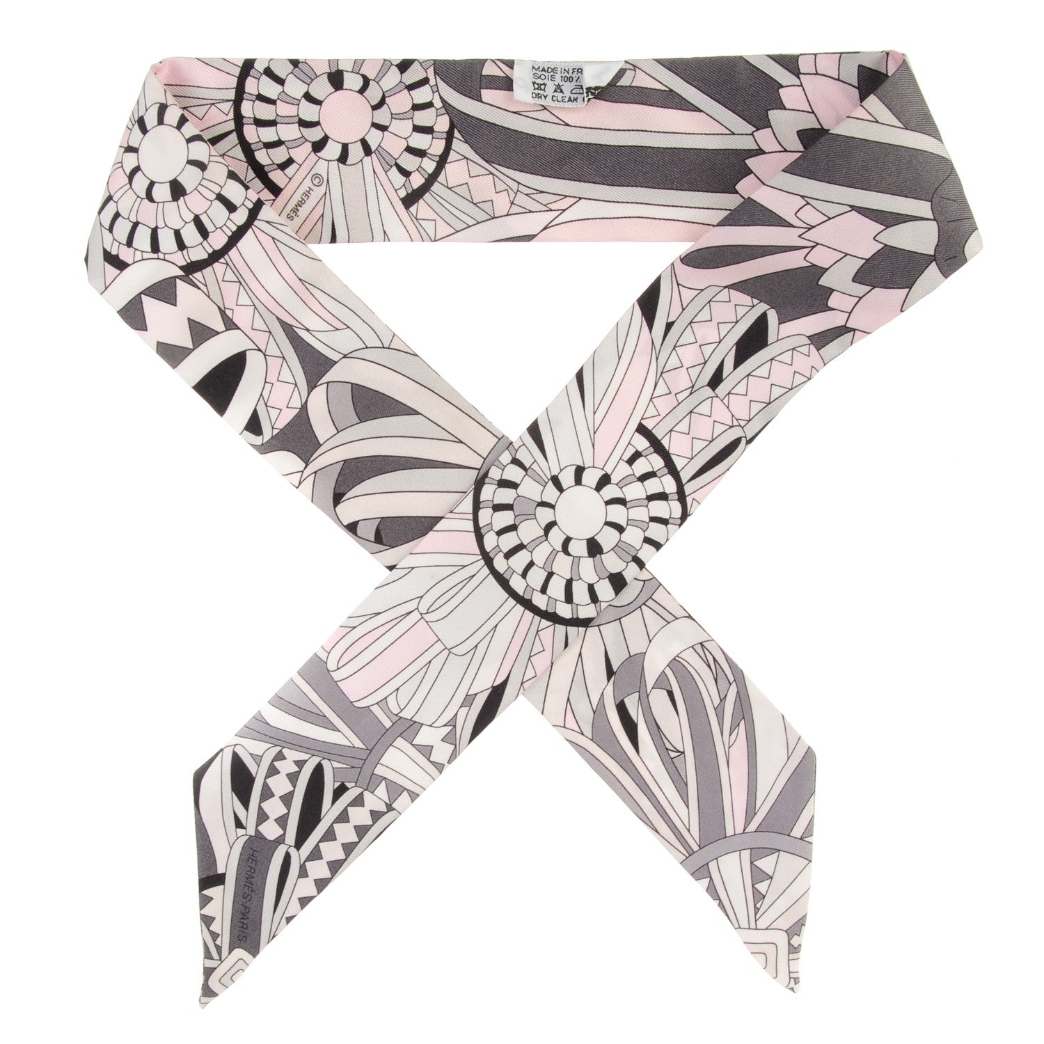 Hermes Silk Les Flots Du Cheval Twilly Gris Rose Pale Black 1 of 5