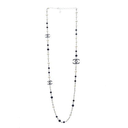 Chanel Pearl Bead Enamel CC Long Necklace Silver Blue 3 of 5