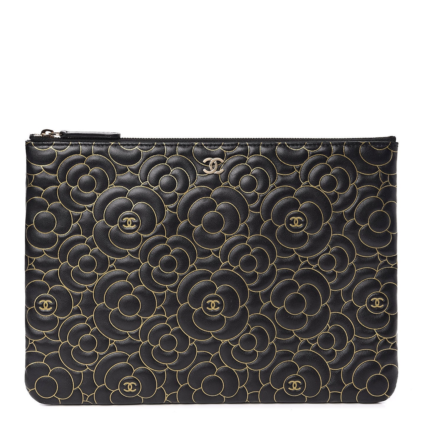 Lambskin Camellia Embossed Medium Cosmetic Case Black Gold