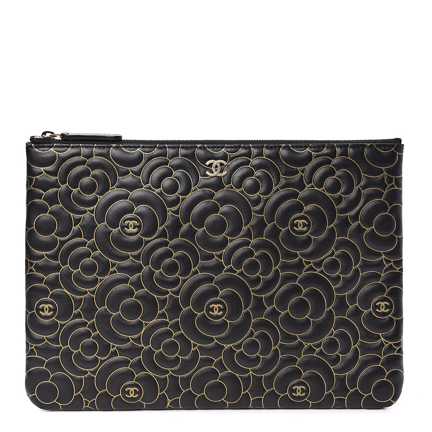 Chanel Lambskin Camellia Embossed Medium Cosmetic Case Black Gold 1 of 7