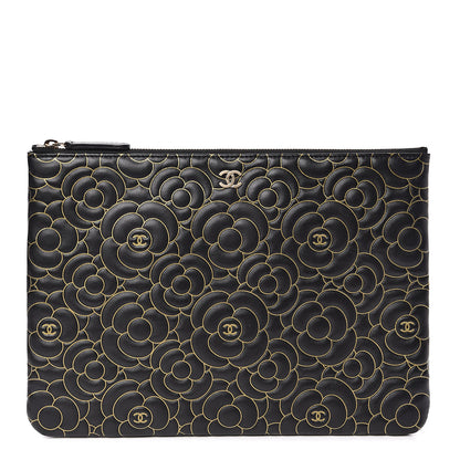 Chanel Lambskin Camellia Embossed Medium Cosmetic Case Black Gold 1 of 7