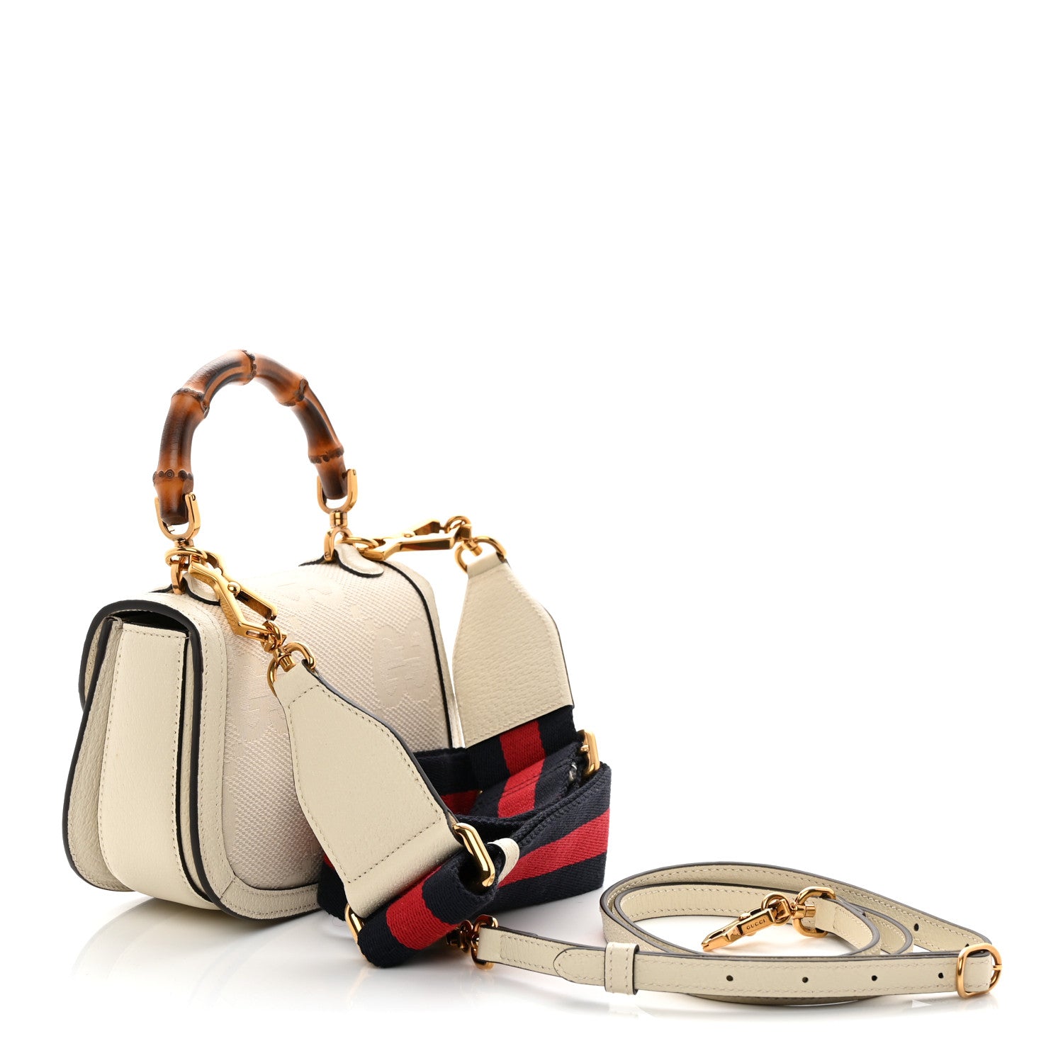 Gucci Monogram Jumbo GG Textured Dollar Calfskin Web Mini Bamboo 1947 Top Handle Bag Off White 3 of 11