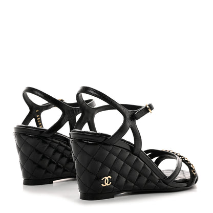 Chanel Crumpled Calfskin Quilted Wedge Sandals 37 Black 4 of 9