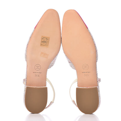 Chanel Tweed Patent Cap Toe CC Slingback Flat 36.5 Pink White 5 of 12