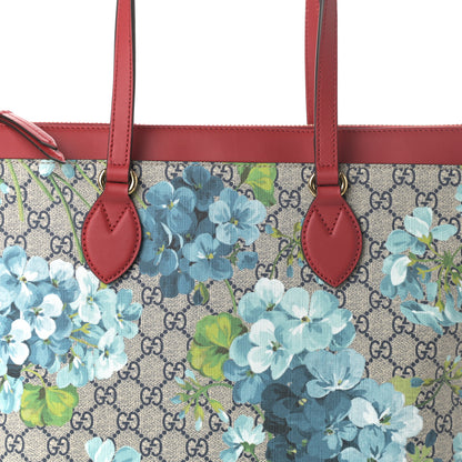 Gucci GG Supreme Monogram Blooms Medium Zippered Bucket Tote Beige Blue Navy Hibiscus Red 7 of 9