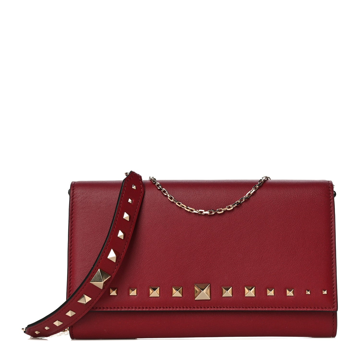 Valentino Garavani Vitello Rockstud Crossbody Wallet On Chain Rubino 1 of 9