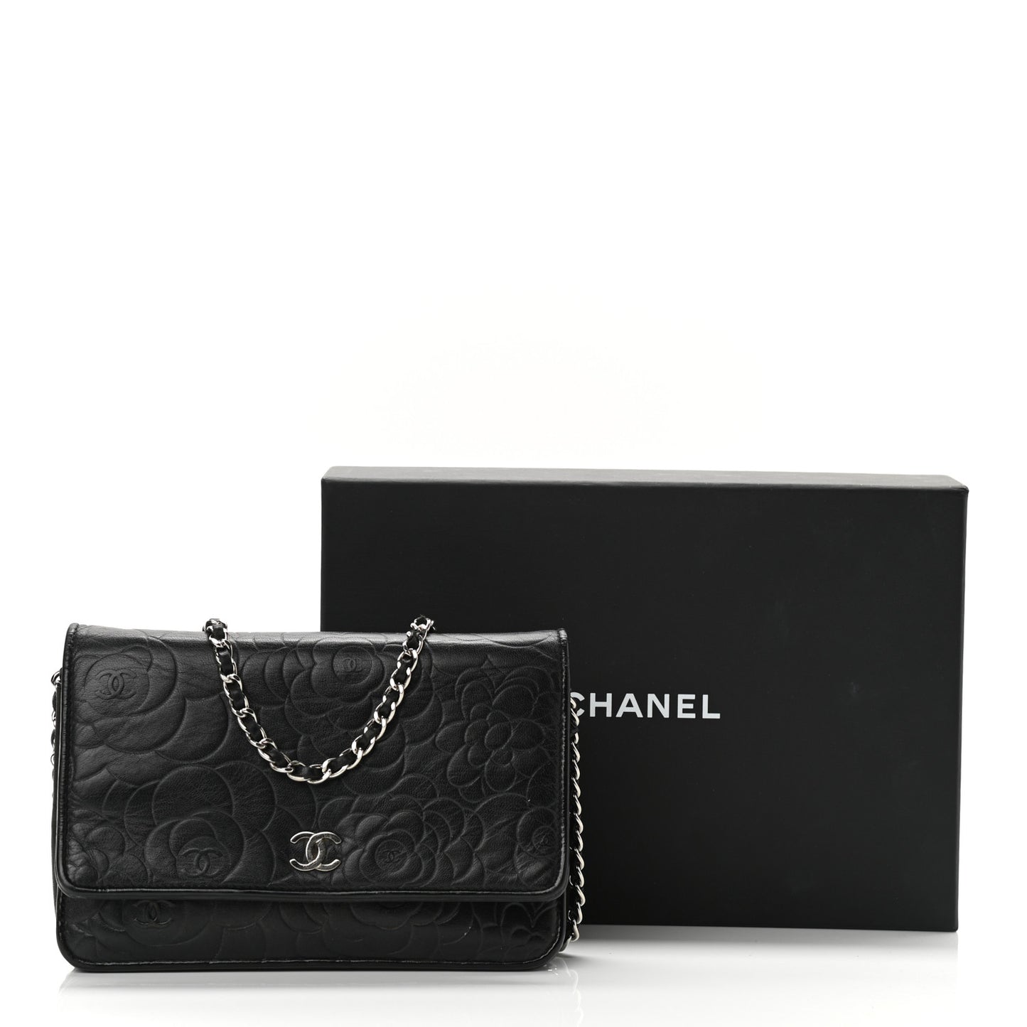 Lambskin Camellia Embossed Wallet on Chain WOC Black