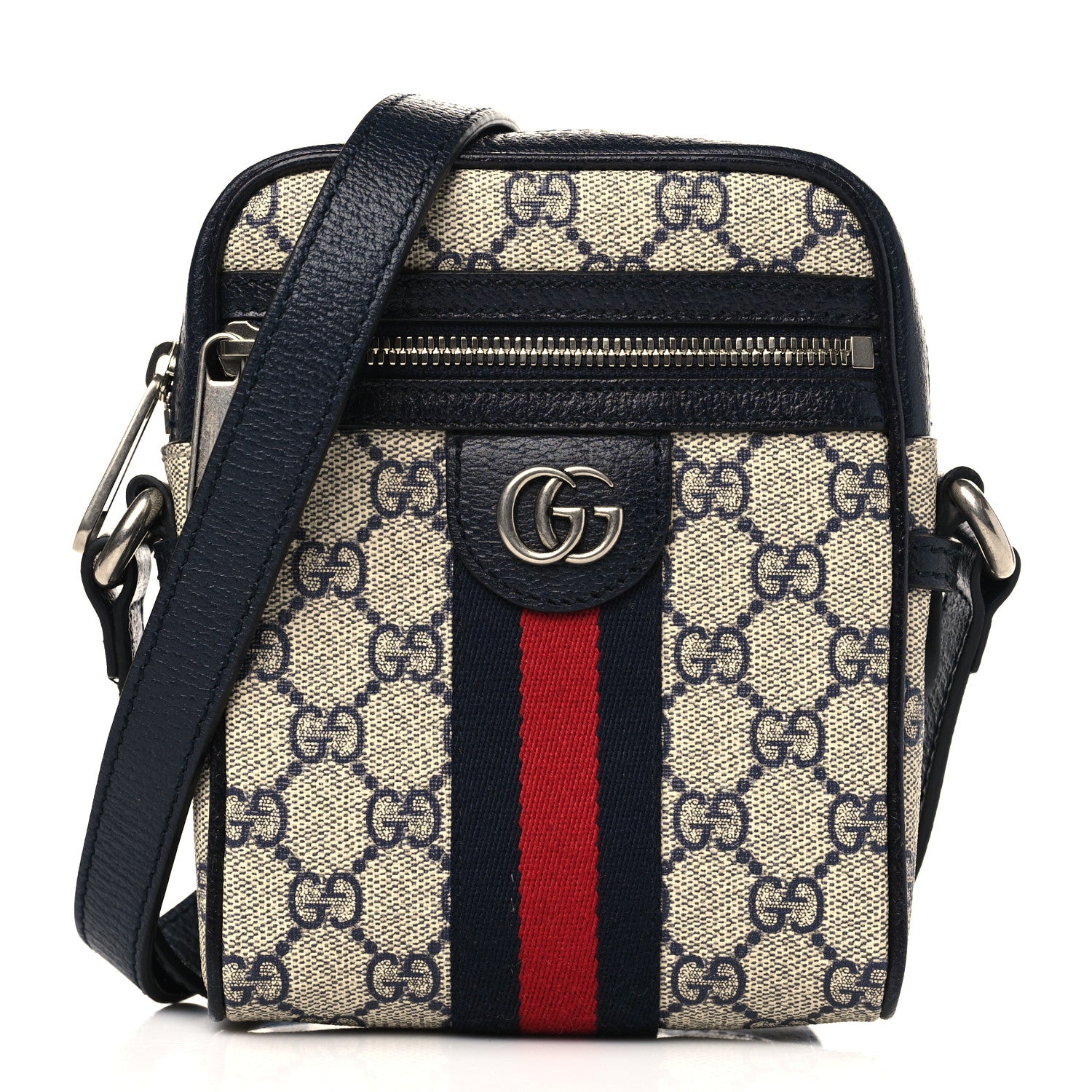 Gucci GG Supreme Monogram Textured Calfskin Web Mini Ophidia Messenger Beige Blue 1 of 9