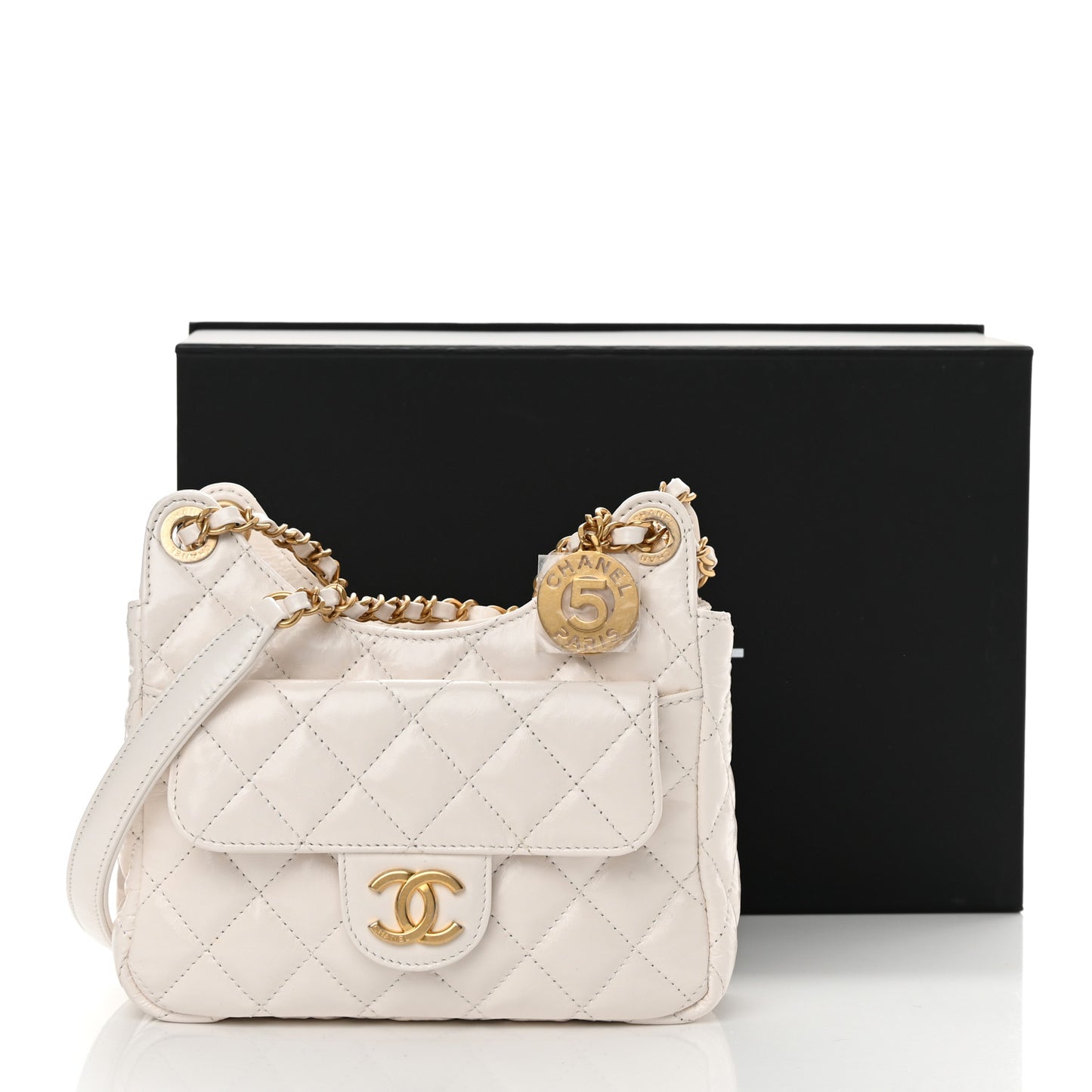 Shiny Crumpled Calfskin Quilted Small Wavy CC Hobo White