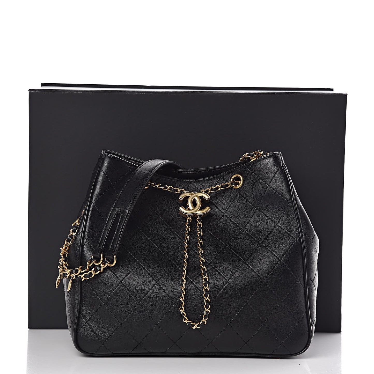 Calfskin Stitched Egyptian Amulet Drawstring Bag Black