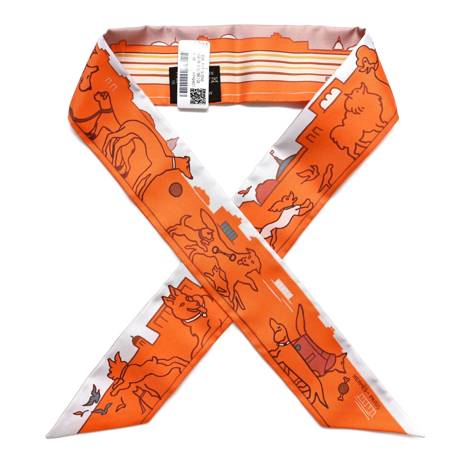 Hermes Silk Les Chiens Parisiens Twilly Orange White Beige 1 of 4