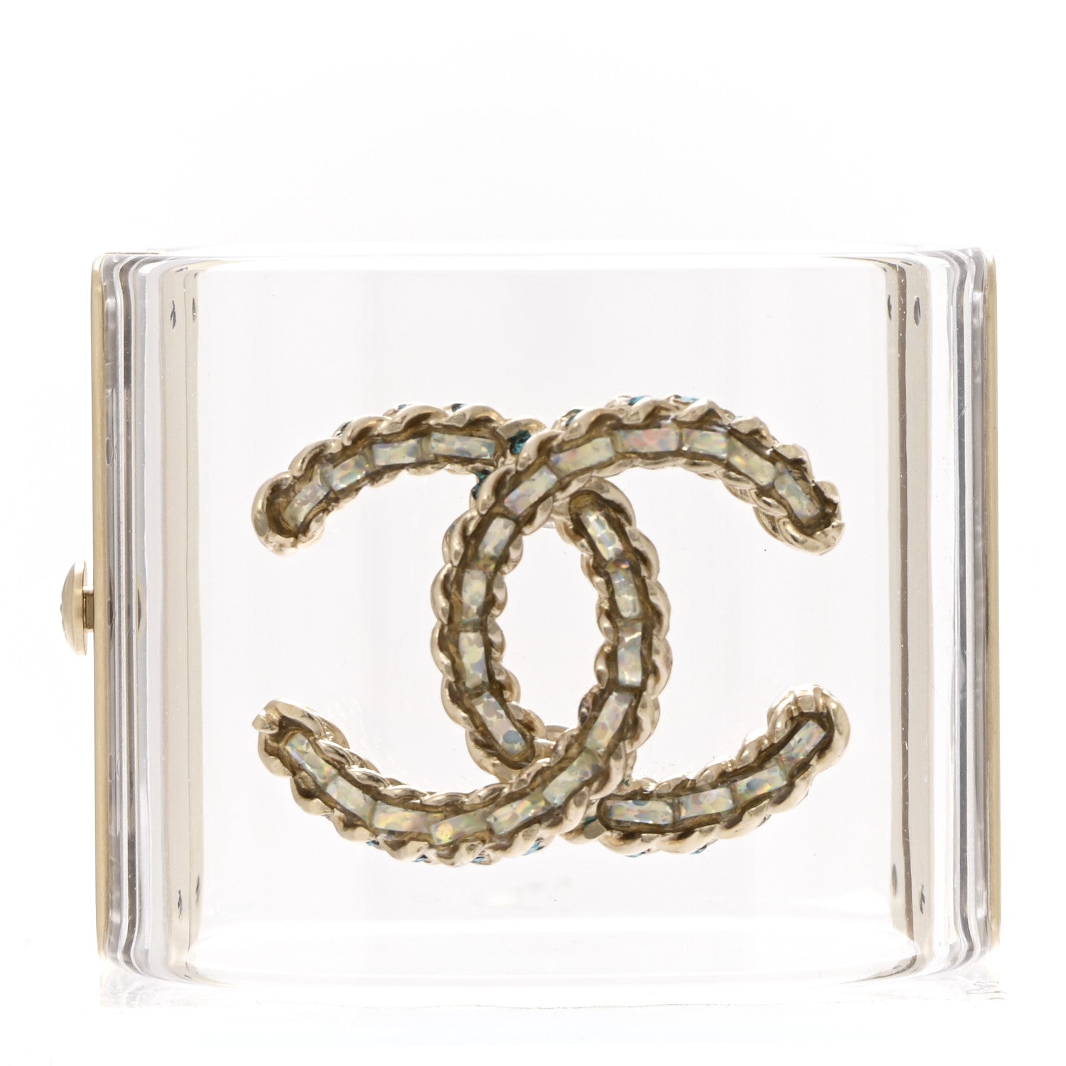 Chanel Lucite Iridescent Crystal CC Cuff Transparent Silver Blue 1 of 5