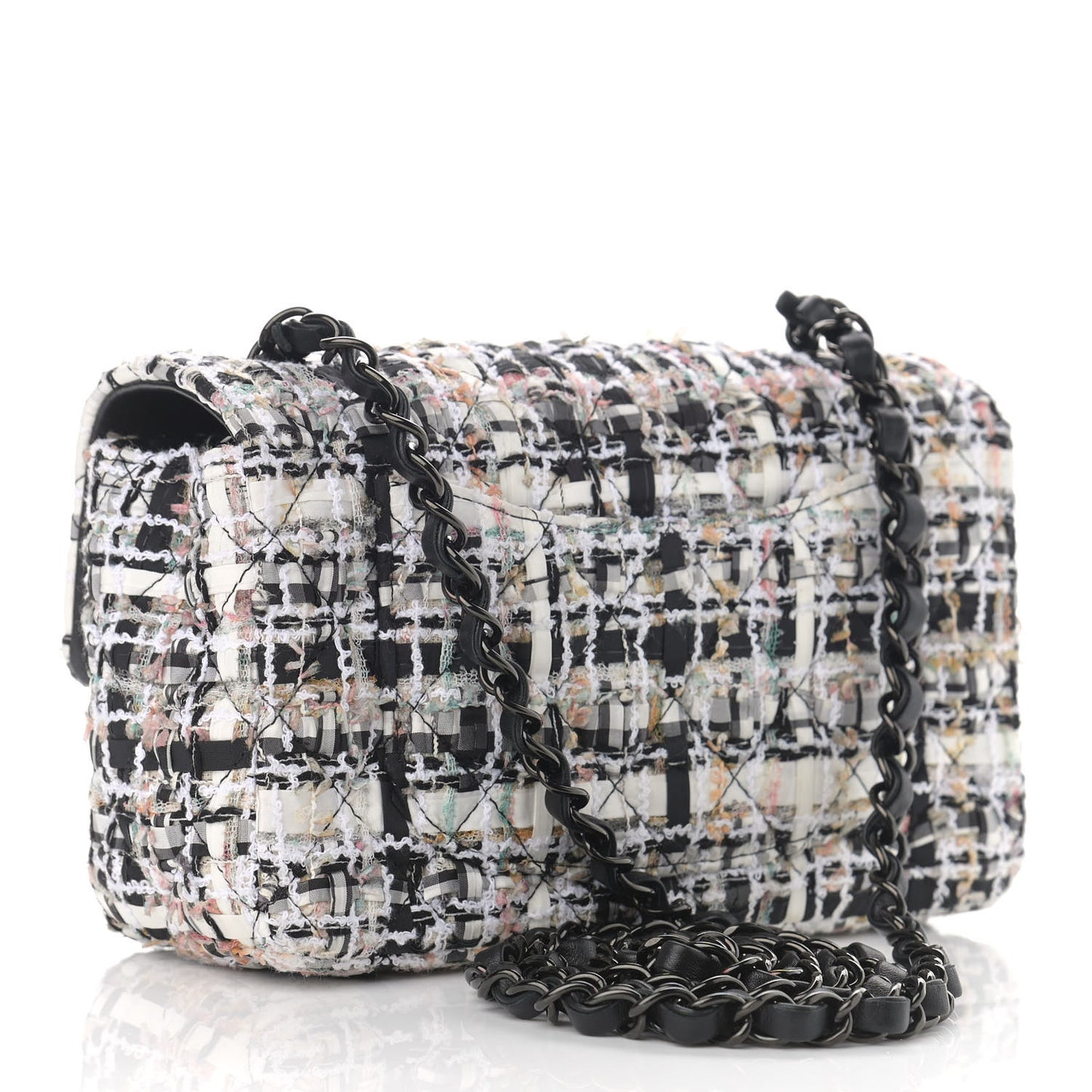 Tweed Quilted Mini Rectangular Flap White Black Multicolor