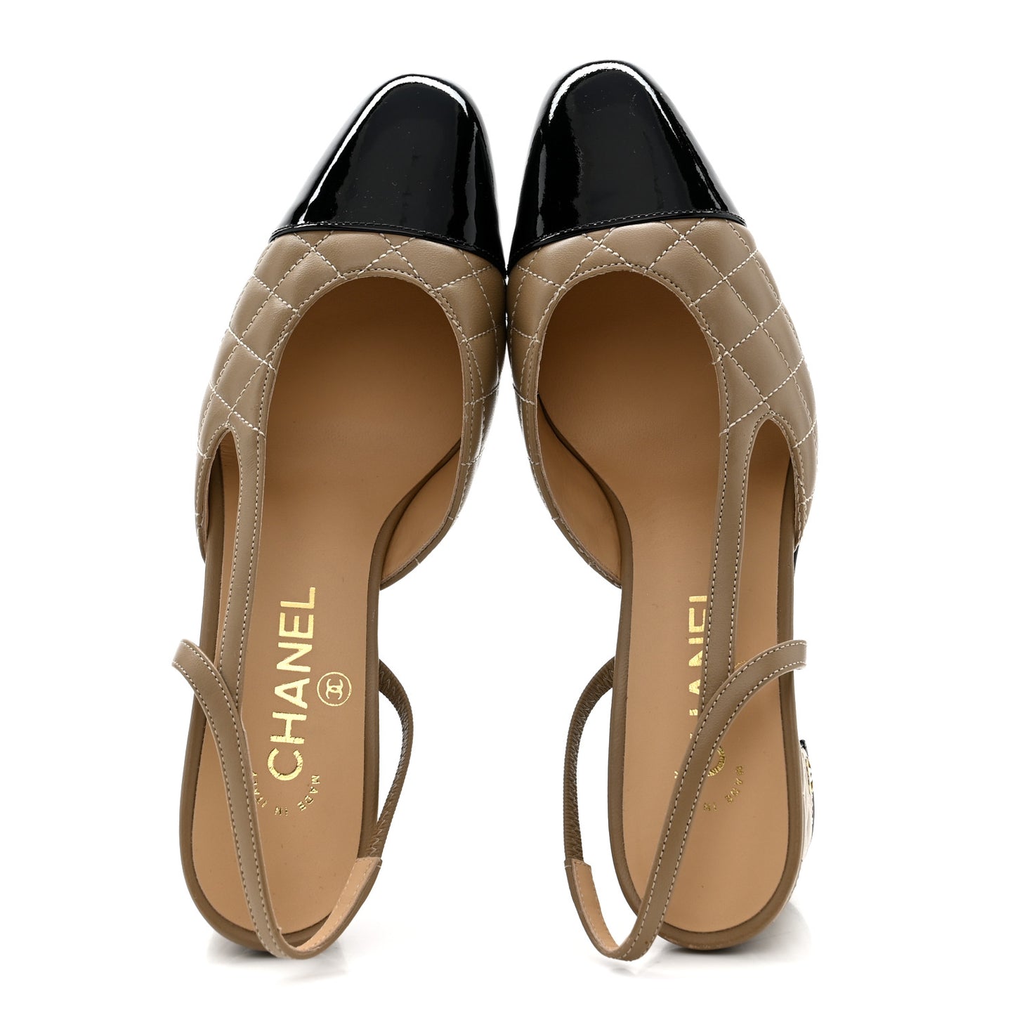 Lambskin Patent Calfskin Quilted Cap Toe CC Slingback Pumps 38 Beige Black
