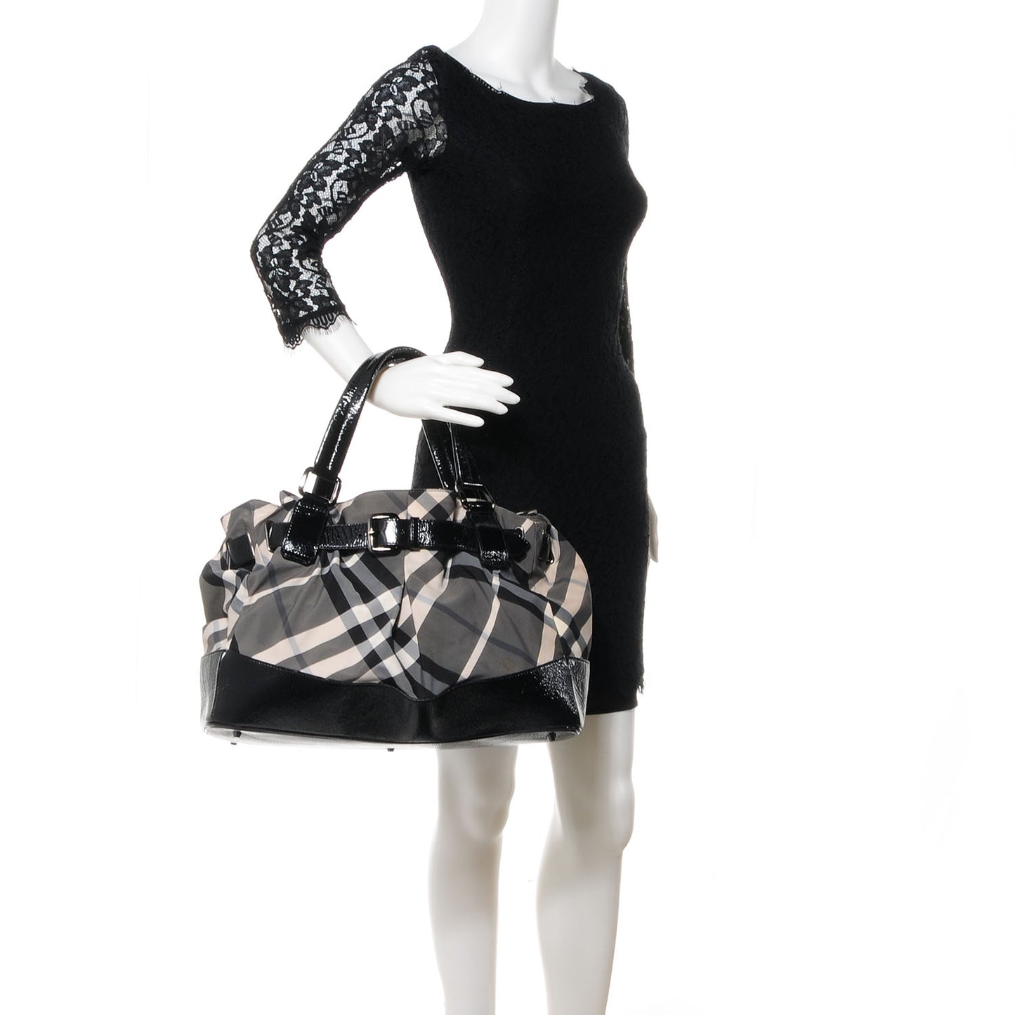 Nylon Patent Beat Check Large Tote Black