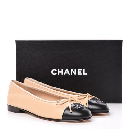 Chanel Lambskin Cap Toe Ballerina Flats 38.5 Beige Black 9 of 9