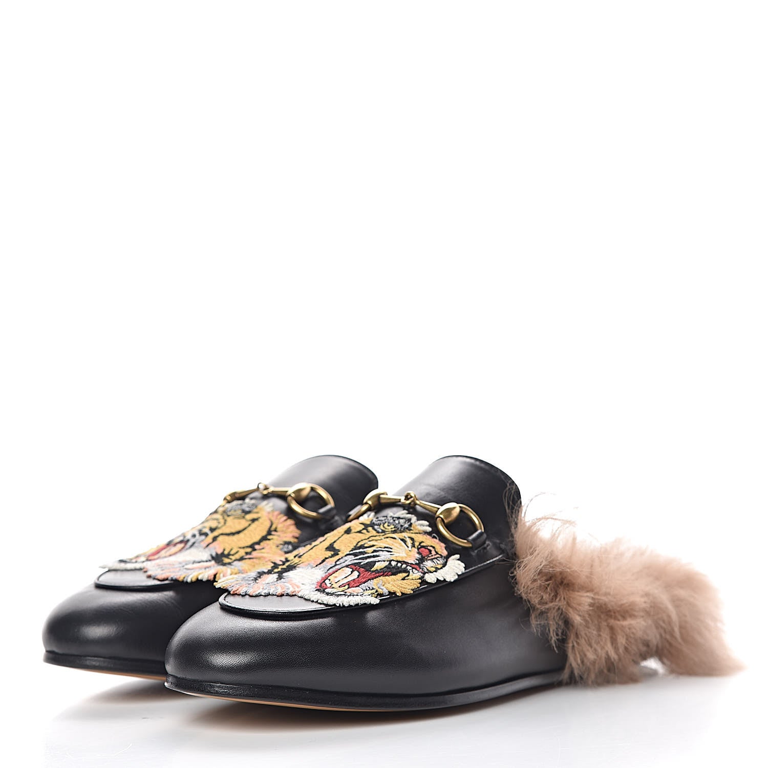 Gucci Calfskin Lambswool Tiger Embroidered Womens Princetown Slippers 37 Black 3 of 8
