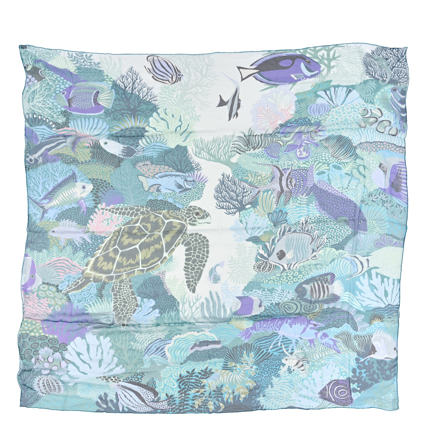 Hermes Silk Mousseline Under The Waves Shawl 140 Aqua Turquoise Violet 1 of 3