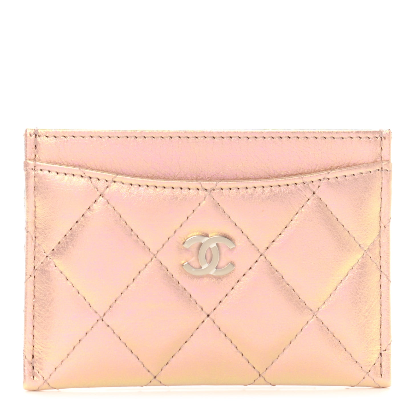 Iridescent Calfskin Quilted Card Holder Pink