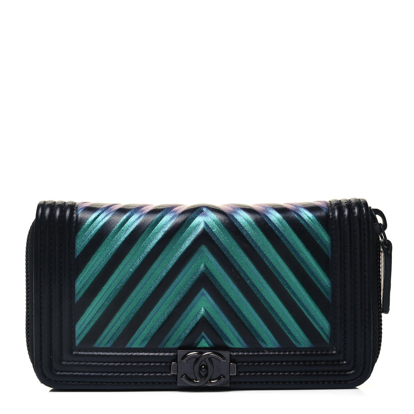 Calfskin Painted Chevron Embossed Small Boy Zip Wallet Black
