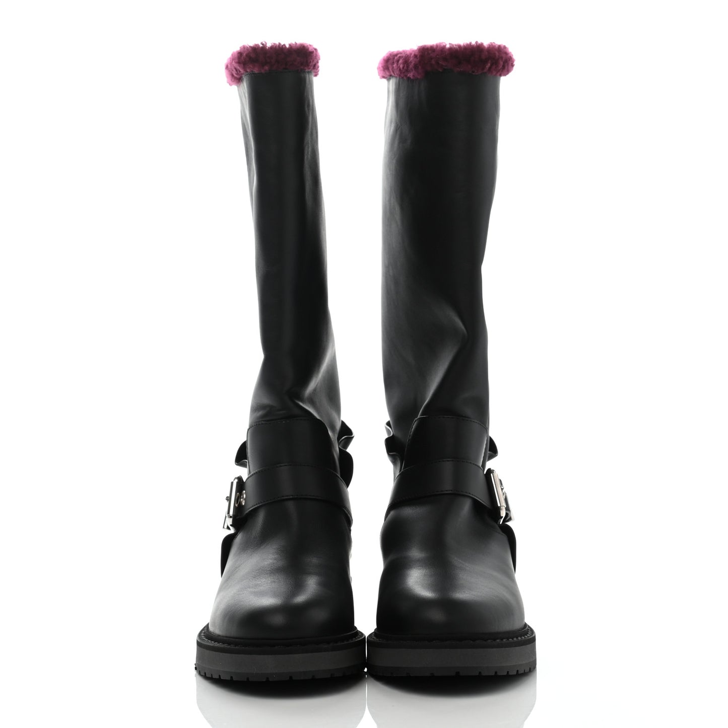 Calfskin Shearling Moto Boots 36 Black Aubergine