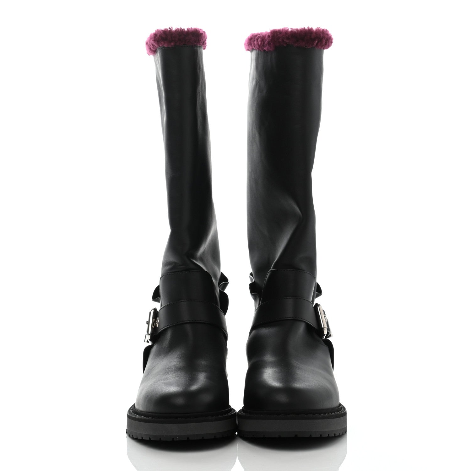 Fendi Calfskin Shearling Moto Boots 36 Black Aubergine 2 of 10