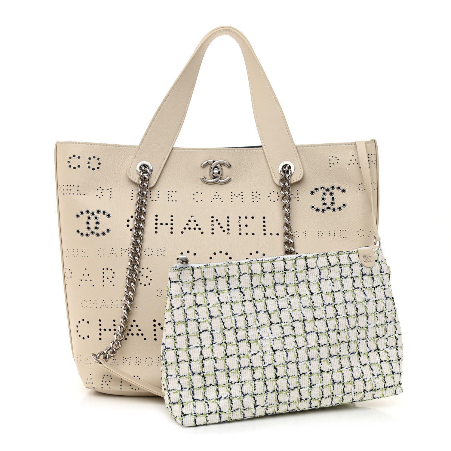 Chanel Calfskin Tweed Small Logo Eyelets Shopping Tote Beige 1 of 12