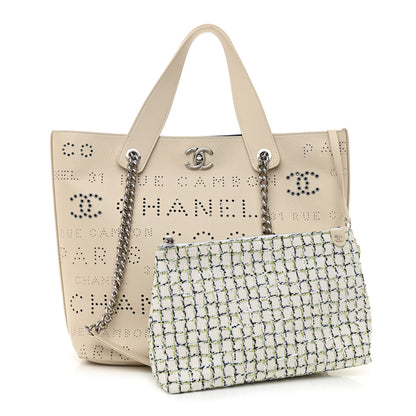 Chanel Calfskin Tweed Small Logo Eyelets Shopping Tote Beige 1 of 12