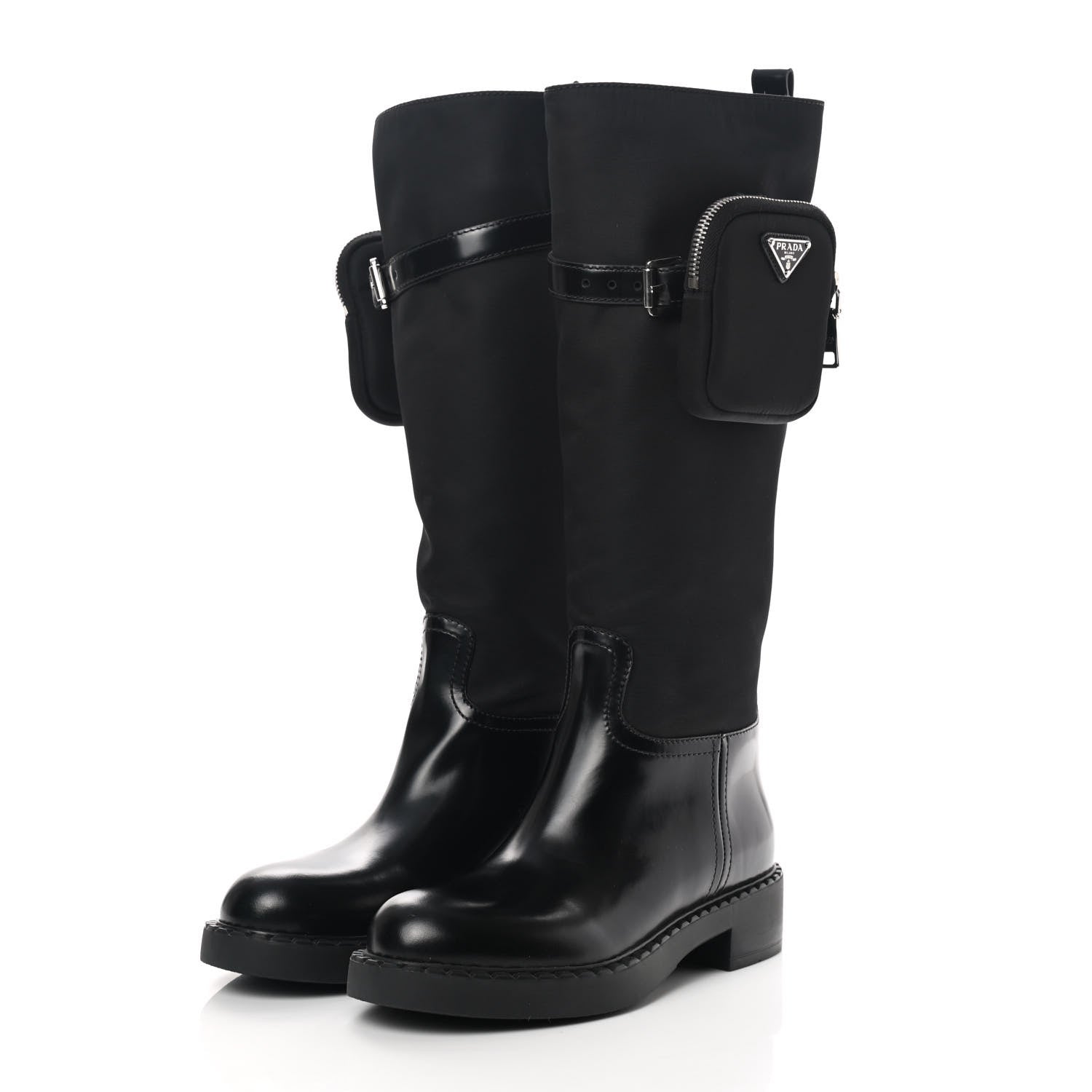 Prada Spazzolato Re-Nylon Metal Triangle Logo Pouch Pocket Tall Boots 38 Black 3 of 7