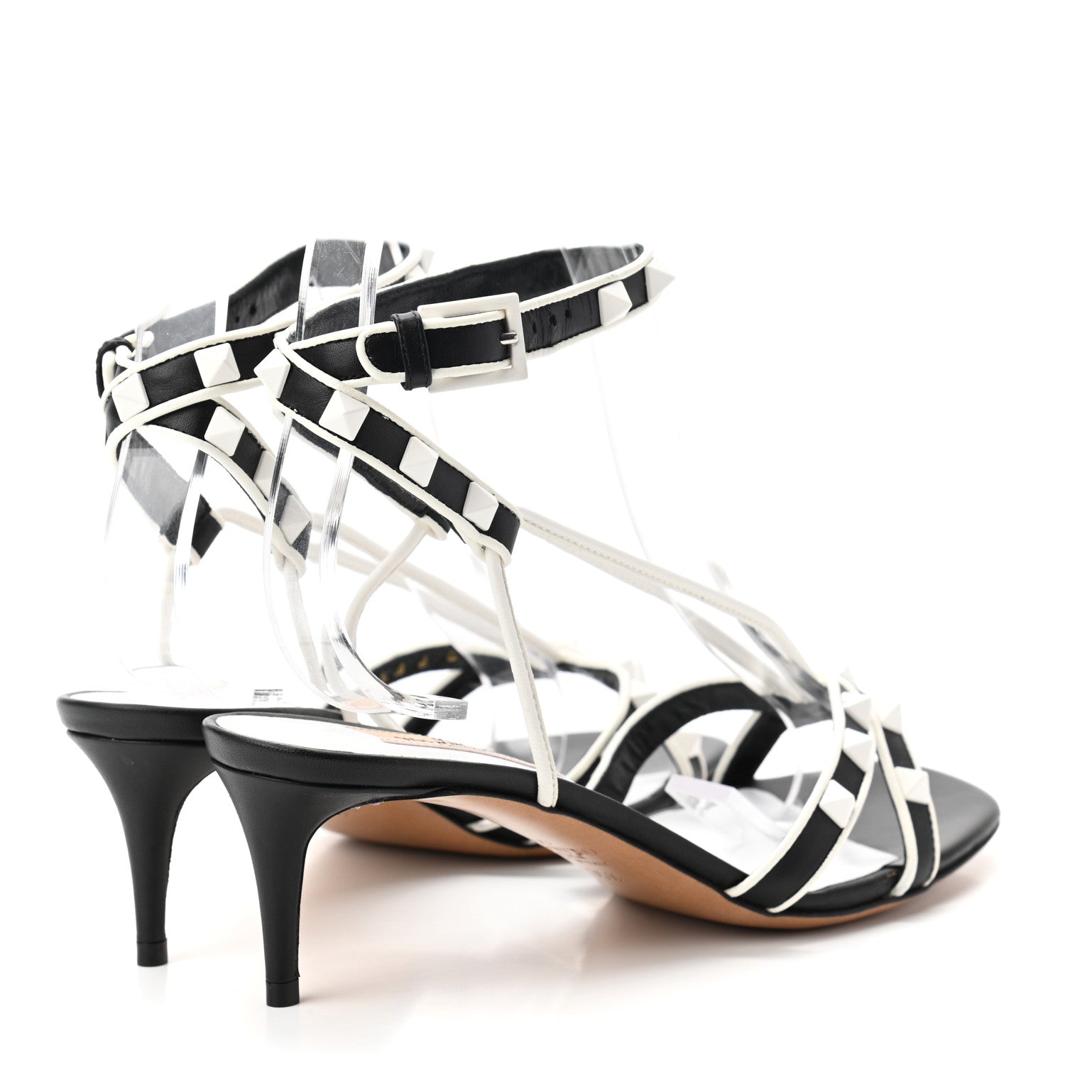 Valentino Garavani Calfskin Free Rockstud Ankle T-Strap Low Heel Sandals 35.5 Black Optic White 4 of 8