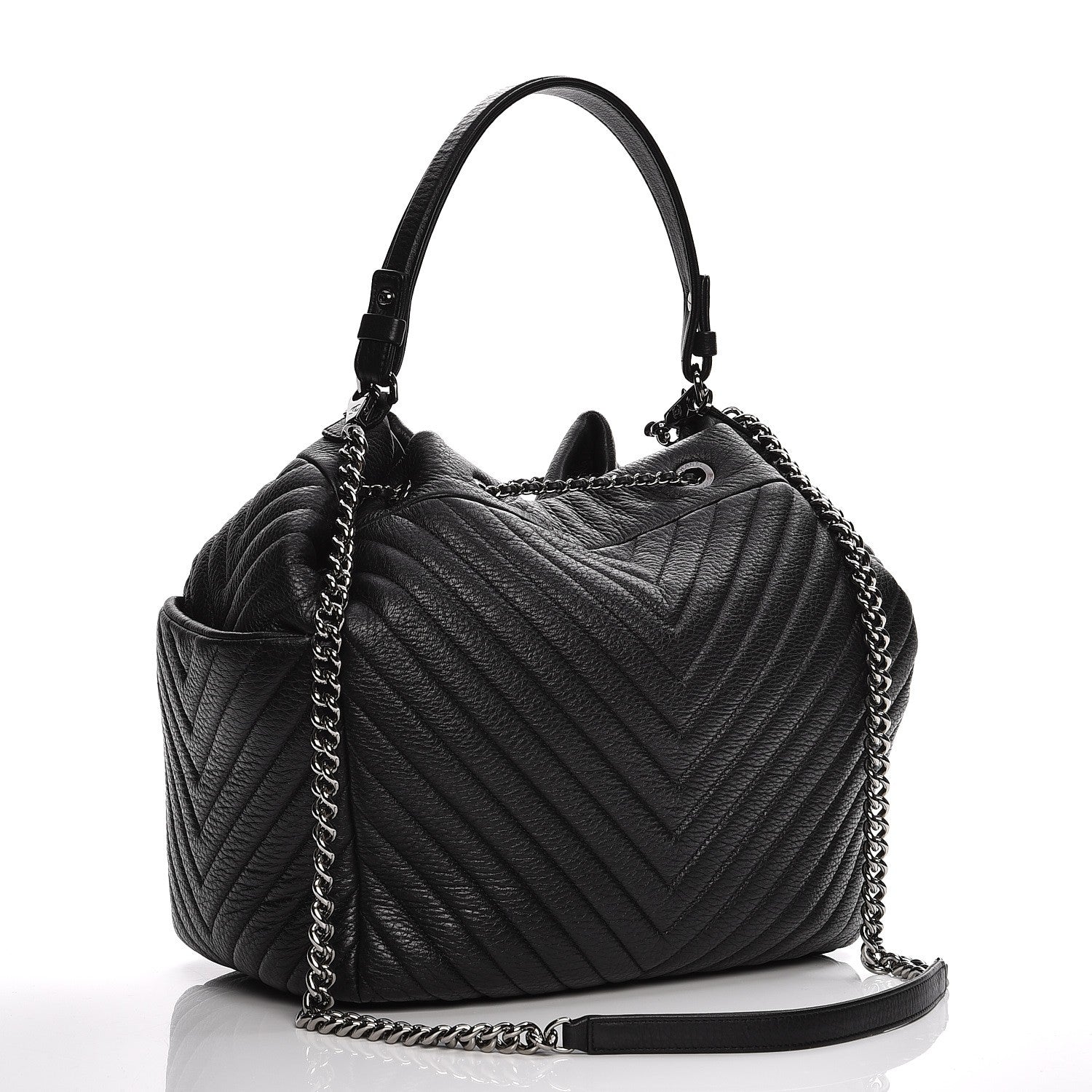 Chanel Deerskin Chevron Large CC Chain Bucket Drawstring Bag Black 3 of 8