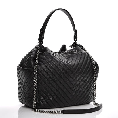 Chanel Deerskin Chevron Large CC Chain Bucket Drawstring Bag Black 3 of 8