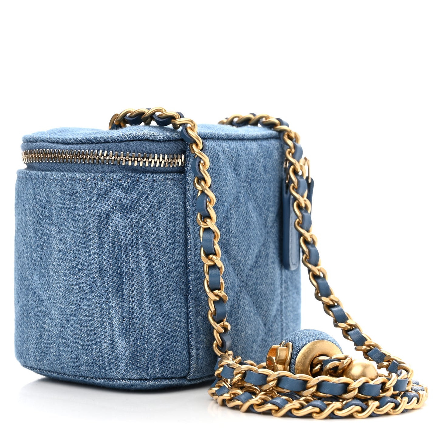 Denim Quilted Mini Pearl Crush Vanity Case With Chain
