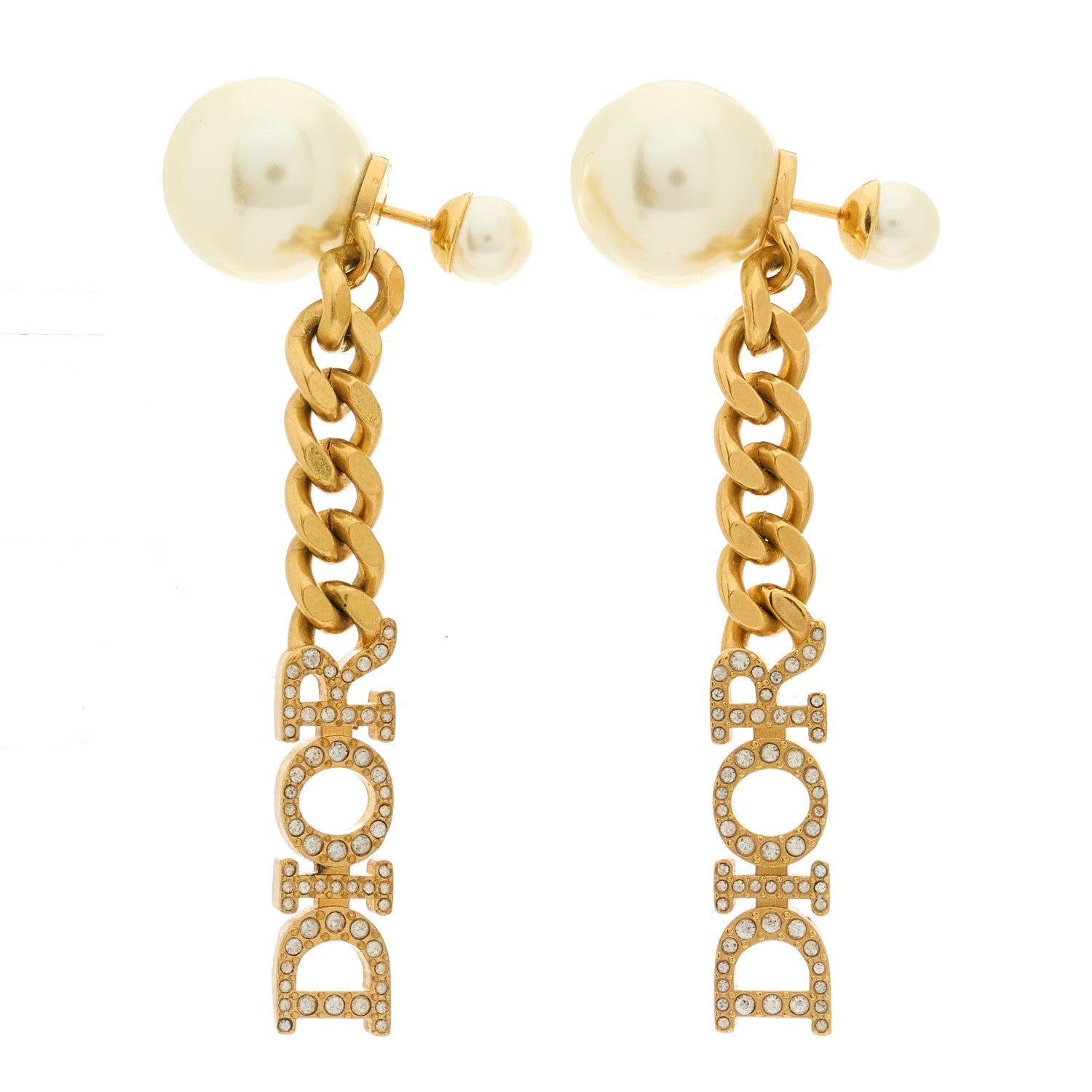 Christian Dior Pearl Crystal Dio(r)evolution Logo Earrings Aged Gold 1 of 5