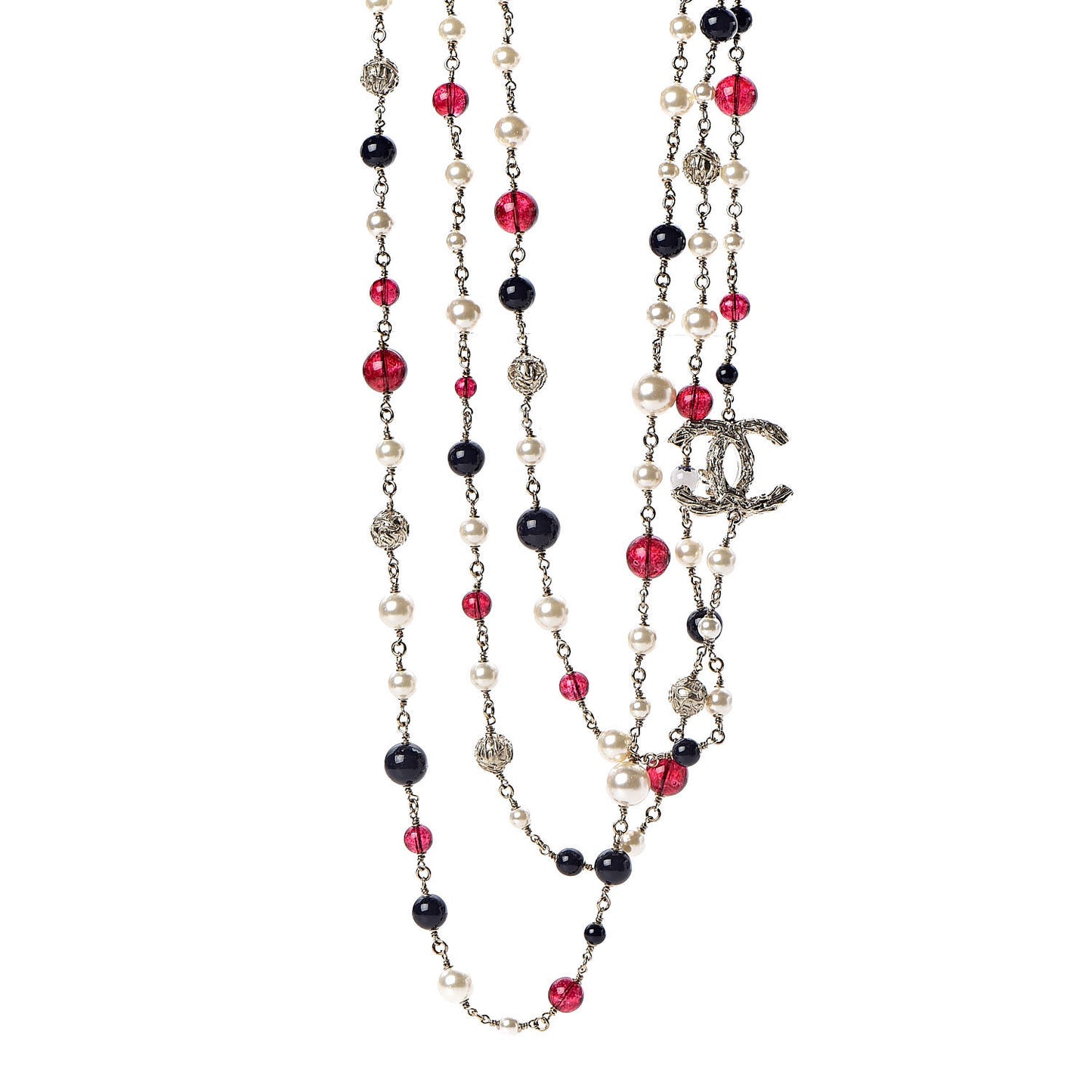 Pearl Bead Crystal CC Long Necklace Gold Red