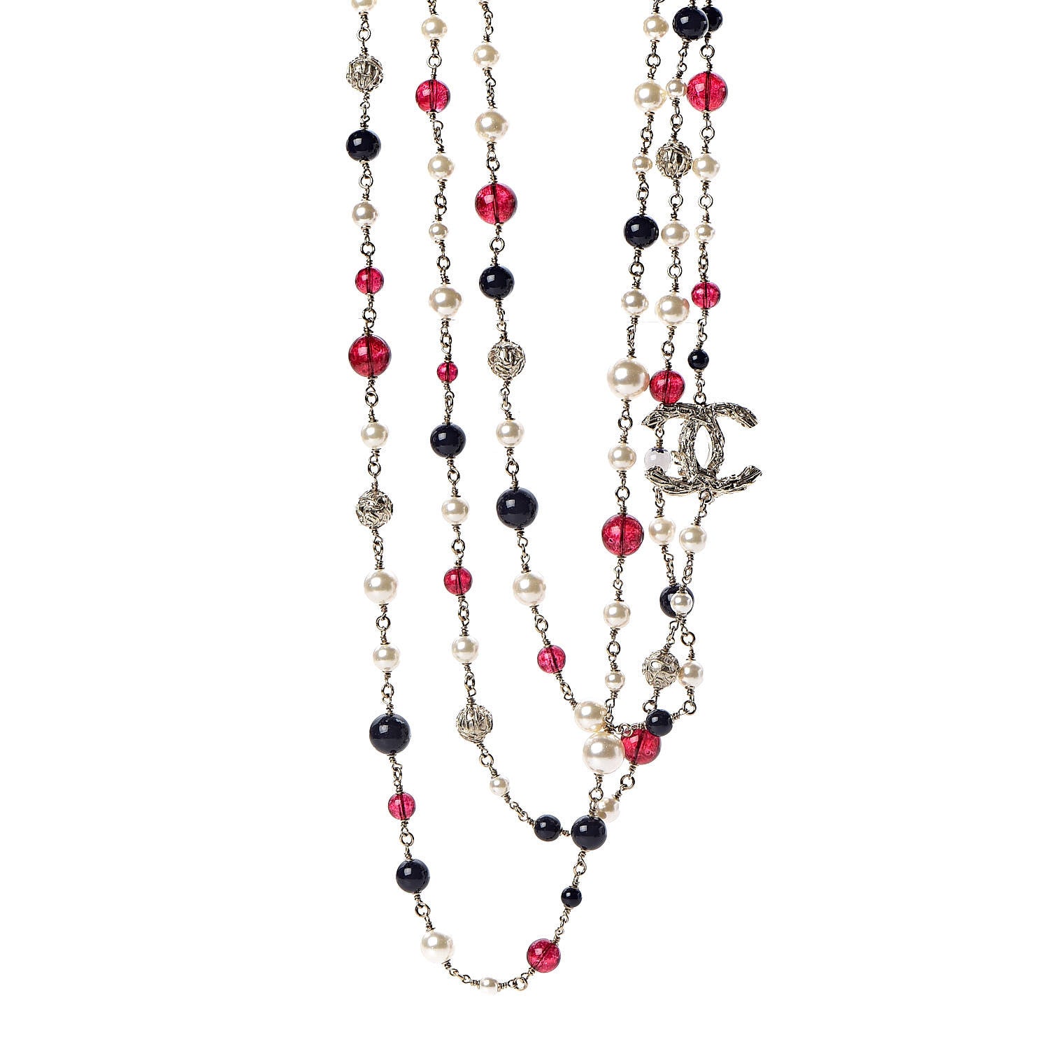 Chanel Pearl Bead Crystal CC Long Necklace Gold Red 1 of 6