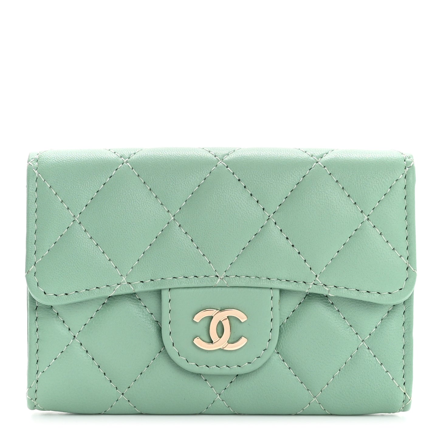 Lambskin Quilted Flap Card Holder Wallet Green