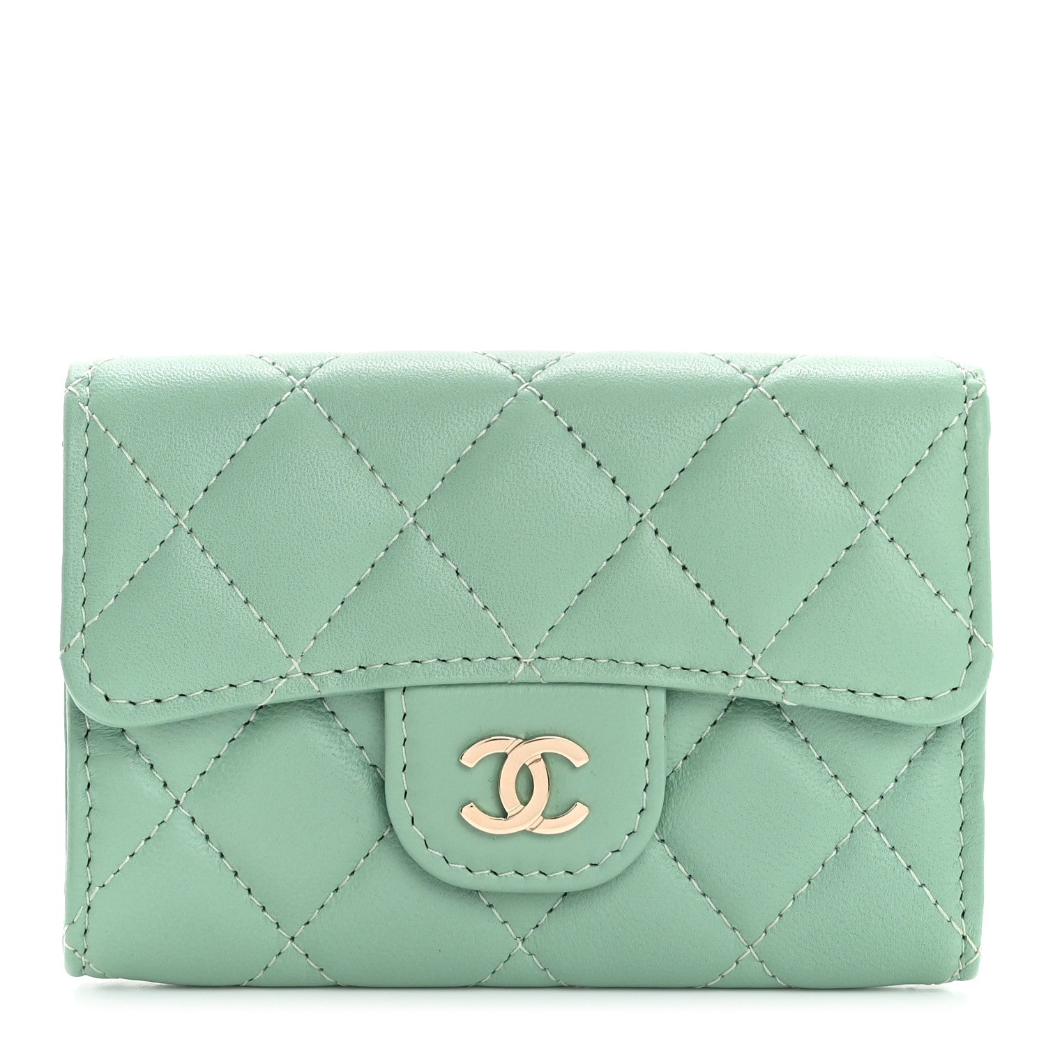 Chanel Lambskin Quilted Flap Card Holder Wallet Green 1 of 9