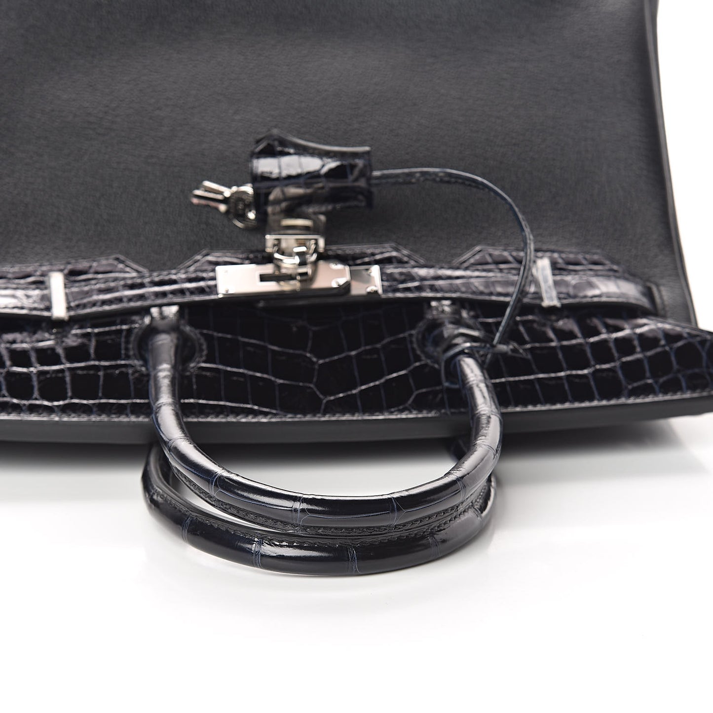 Clemence Novillo Shiny Niloticus Crocodile Birkin Touch 30 Black Bleu Marine