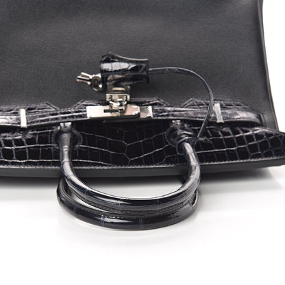 Hermes Clemence Novillo Shiny Niloticus Crocodile Birkin Touch 30 Black Bleu Marine 31 of 32