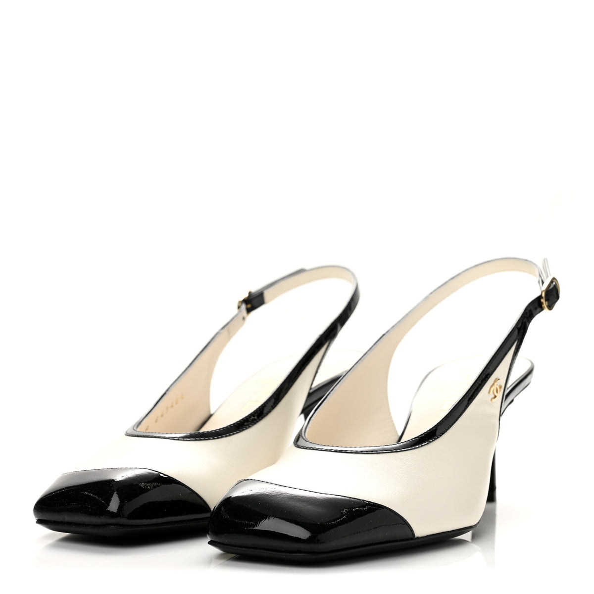 Chanel Lambskin Patent Calfskin Cap Toe CC Slingback Pumps 38.5 White Black 4 of 10
