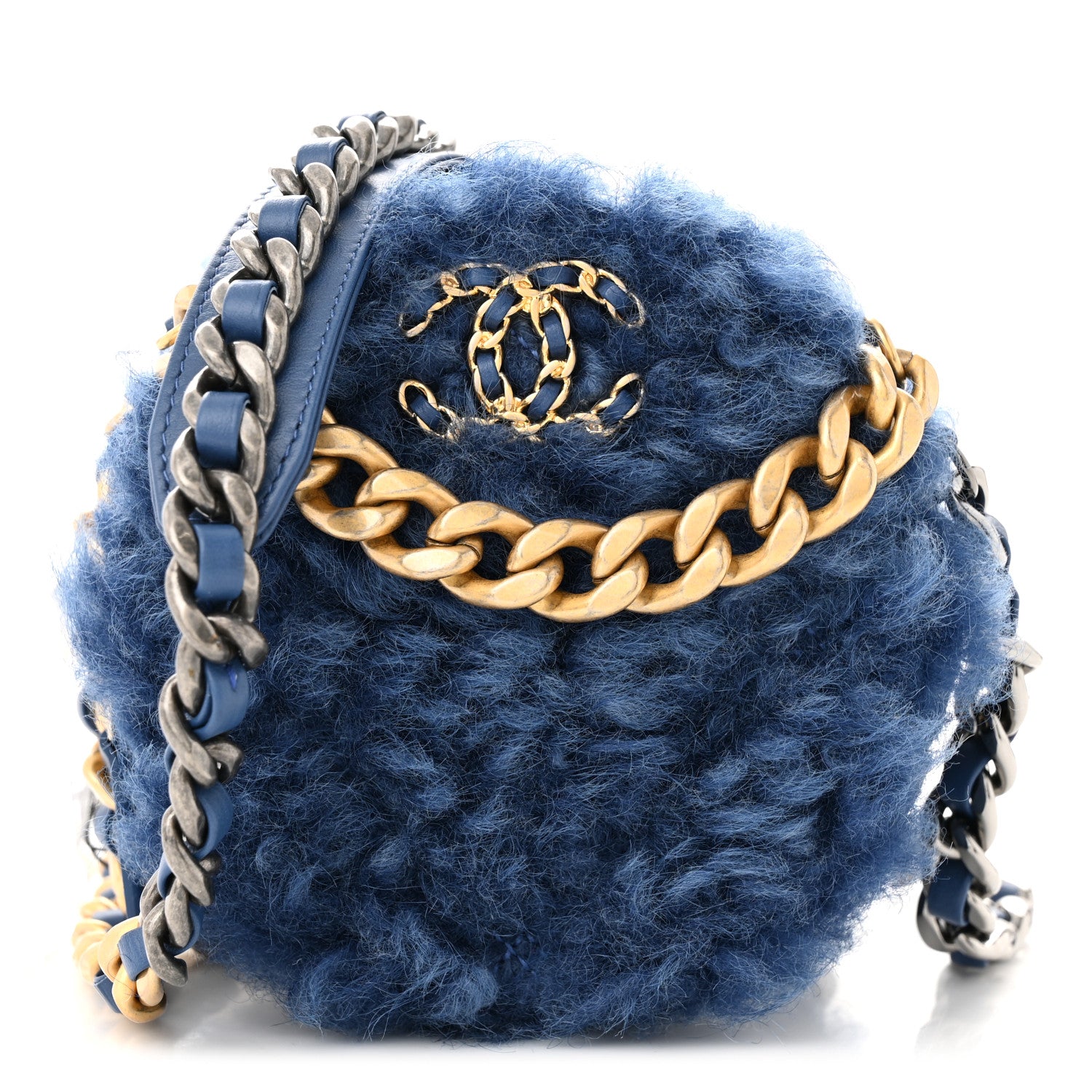 Chanel Shearling Sheepskin Chanel 19 Round Clutch With Chain Blue 1 of 11