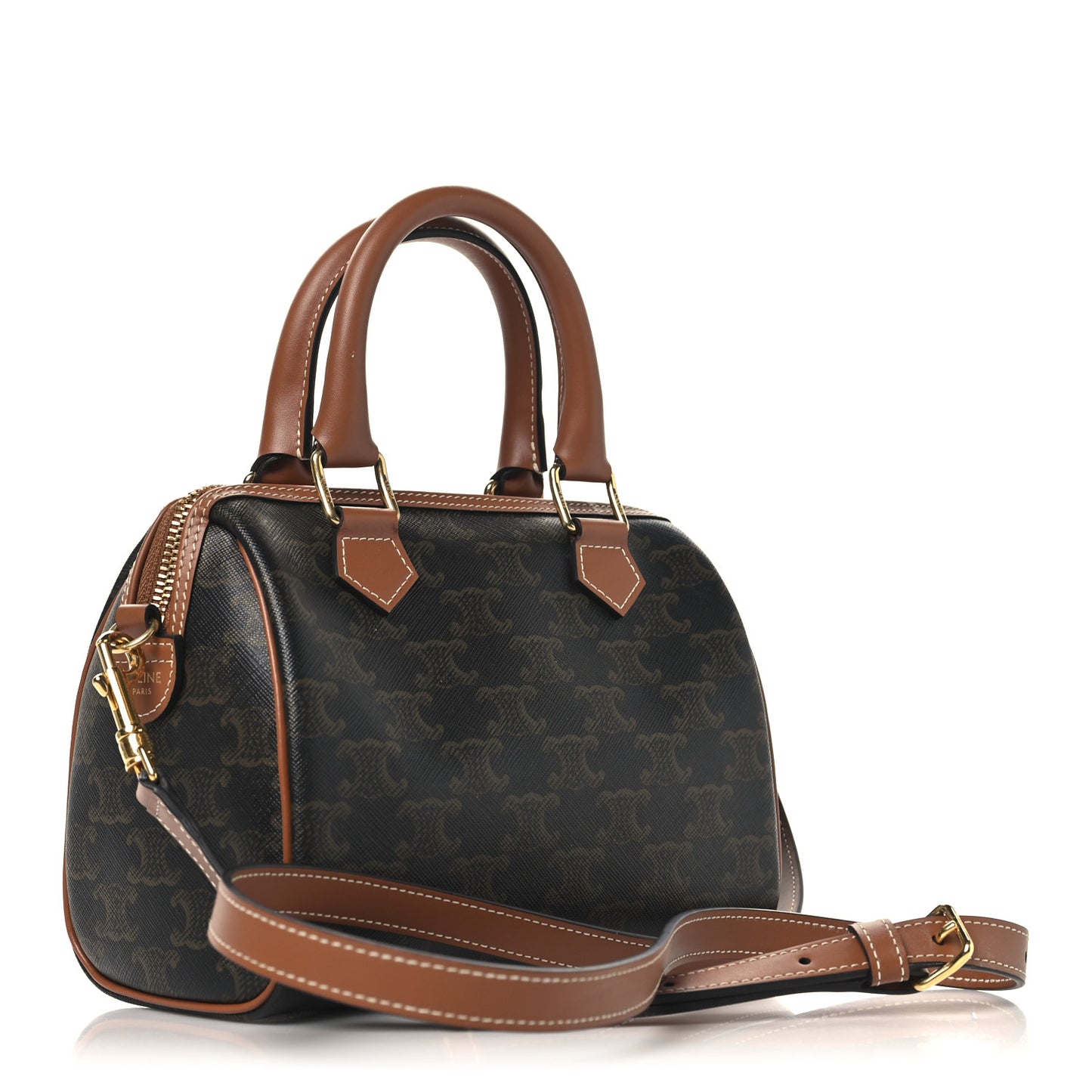 Triomphe Canvas Calfskin Small Boston Bag Tan